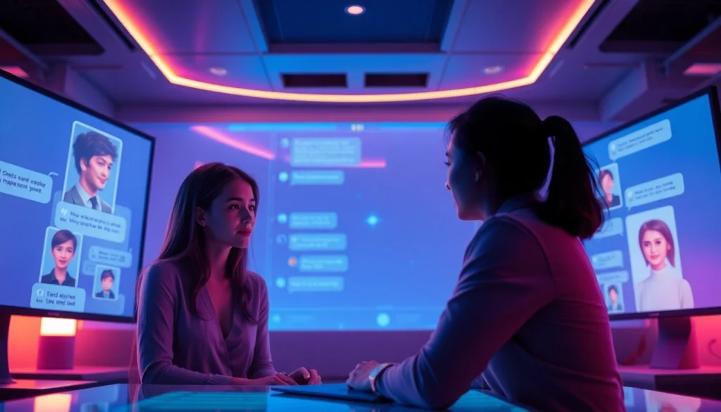 Porn AI chat interface with engaging character avatars in a modern interactive setting