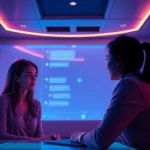 Porn AI chat interface with engaging character avatars in a modern interactive setting