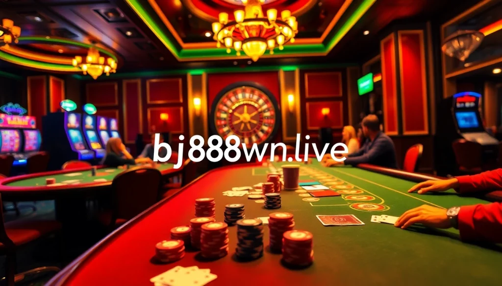 Experience the thrill of online gambling with bj88win.live as players engage around a vibrant casino table.