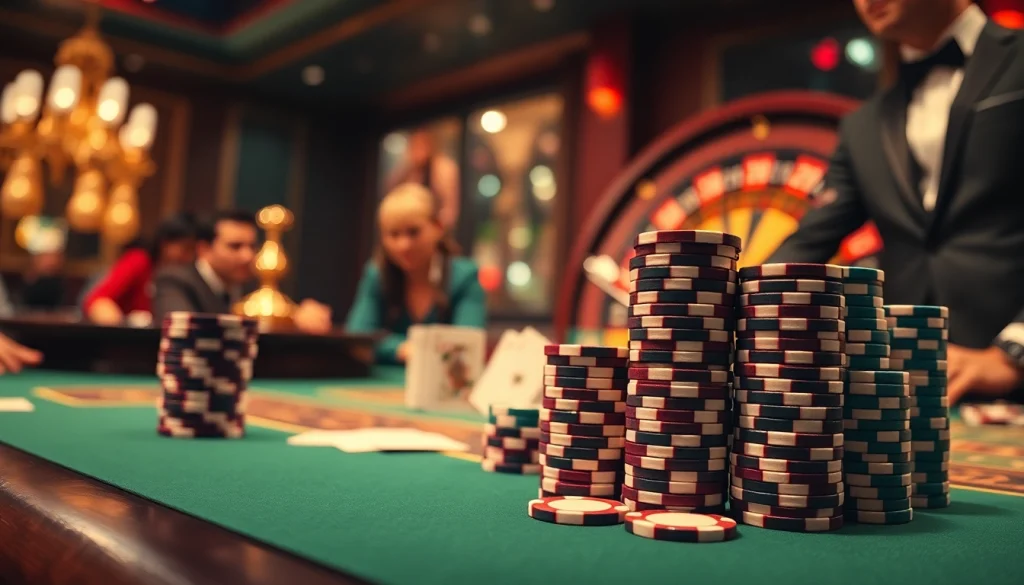 Experience the thrill of gambling at https://red88v6.com/ with players at a poker table, featuring vibrant poker chips and cards.