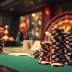 Experience the thrill of gambling at https://red88v6.com/ with players at a poker table, featuring vibrant poker chips and cards.
