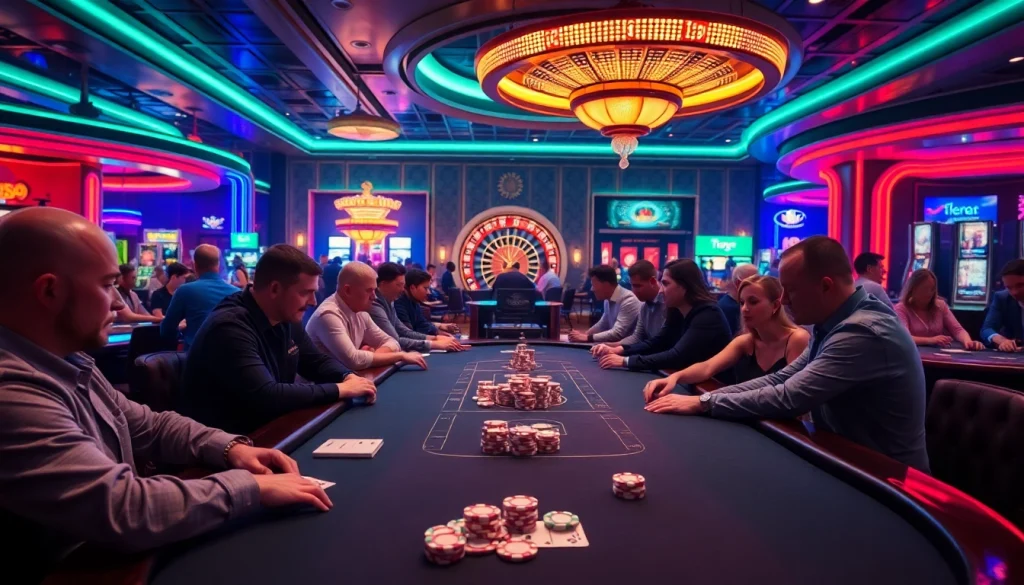 Experience electrifying gameplay at https://tr88.locker/, featuring poker players at an intense table surrounded by chips and cards.