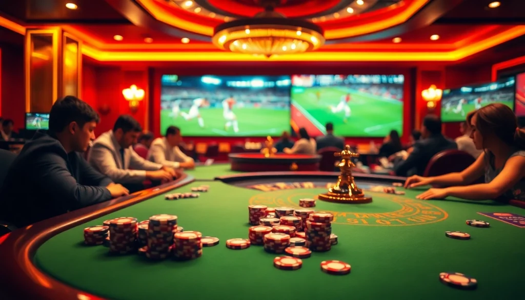 Engage with xem trực tiếp bóng đá while enjoying a thrilling poker game and roulette spins in a luxury casino setting.